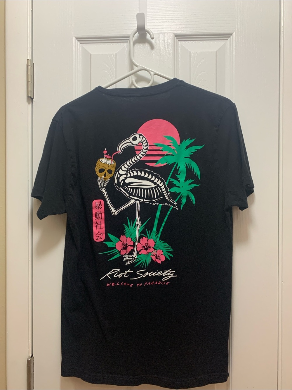 riot society Black Tee with Pink & Green Flamingo Skeleton Graphic